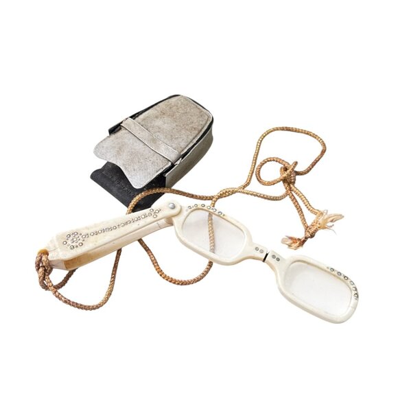 Antique Edwardian Rhinestone Lorgnette Opera Glasses Folding Handle with Case - Picture 2 of 10